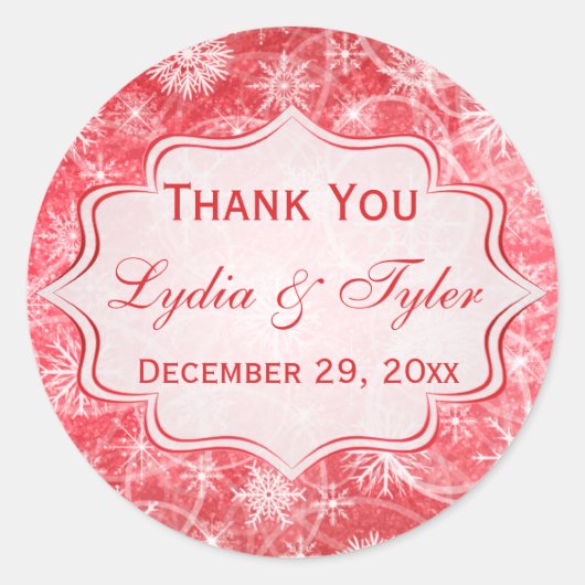 Rote und weiße Schneeflocken-Gastgeschenk Hochzeit Runder Aufkleber (Vorderseite)