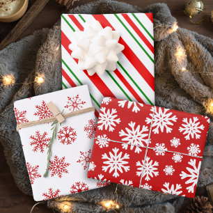Rote und weiße Schneeflocken und gestreifte Ferien Geschenkpapier Set