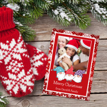 Rote und weiße Schneeflocken und Gnomen-Fotokarte