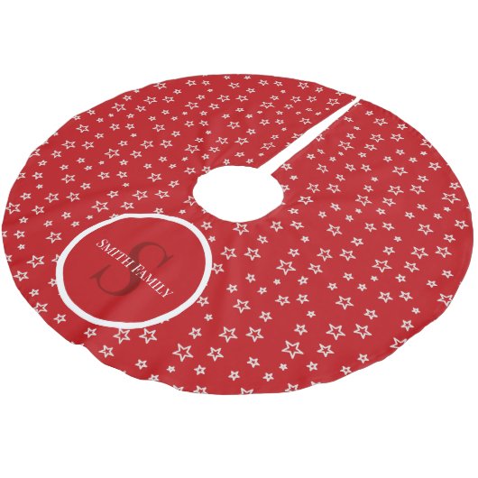 Rote und weiße Sterne mit Monogramm und Name Polyester Weihnachtsbaumdecke (Schrägansicht)