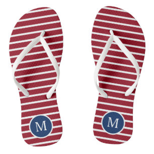 Rote und weiße Streifen mit dunkelblauer Monogramm Badesandalen