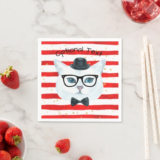 Rote und weiße Streifen Nerdy Cat Paper Napkins Serviette (Beispiel)