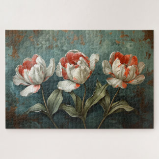 Rote und weiße Streifen Tulips botanische Ölgemäld Puzzle