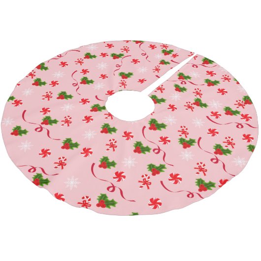 Rote und weiße Süßkarpfen Rote und Grüne Berries Polyester Weihnachtsbaumdecke (Schrägansicht)