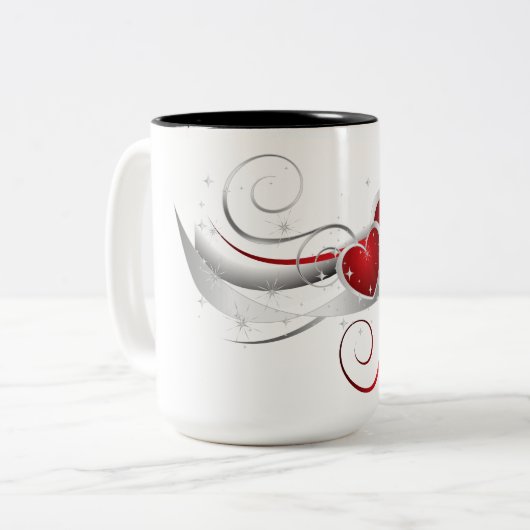 Rote und weiße Swoosh-Herzen Zweifarbige Tasse (Vorderseite Links)