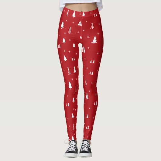 Rote und weiße Weihnachtsbaumschneeflocken Leggings (Vorderseite)