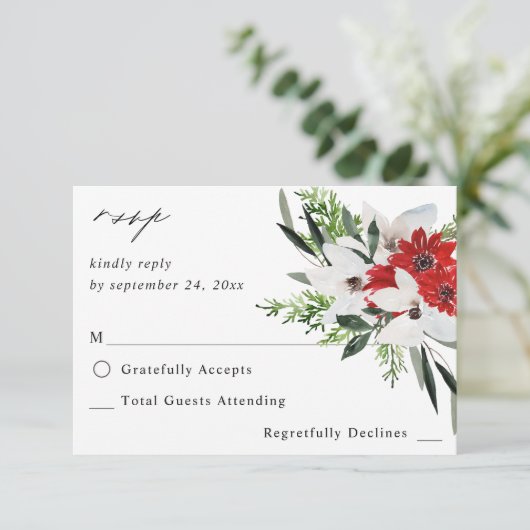 Rote und weiße Weihnachtsblumen am UAWG RSVP Karte (Stehend Vorderseite)
