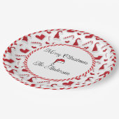 Rote und weiße Weihnachtsmannmützen und Süßspeisen Pappteller (Schrägansicht)