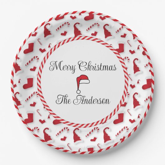 Rote und weiße Weihnachtsmannmützen und Süßspeisen Pappteller (Vorderseite)