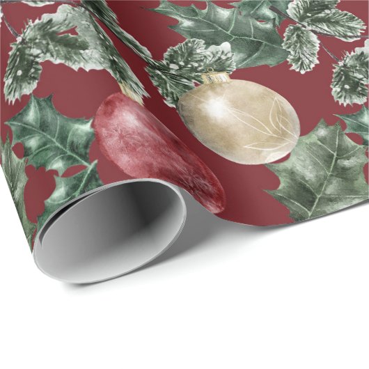 Rote und weiße Weihnachtsschmuck und Grünpflanzen Geschenkpapier (Rolleneckpunkt)