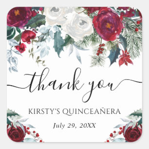 Rote und weiße Winterblumen Quinceanera Quadratischer Aufkleber