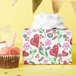 Rote Valentinsherzen Rosa Blumen  Geschenkpapier