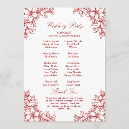 Rote Verzierte Blumenhochzeit Programm (Rückseite)