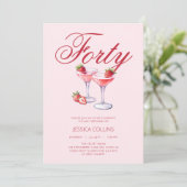 Rote Vierzig Erdbeercocktail 40. Geburtstagsfeier Einladung (Stehend Vorderseite)