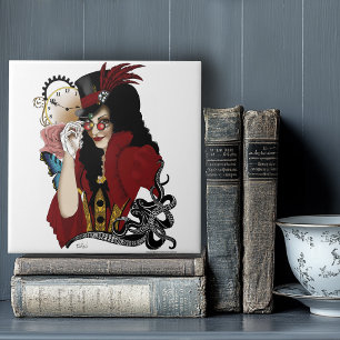 Rote viktorianische Steampunk-Dame Vintage-Oktopus Fliese