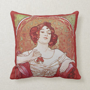 Rote Vintage Art Nouveau Alphonse Mucha Rubindame Kissen
