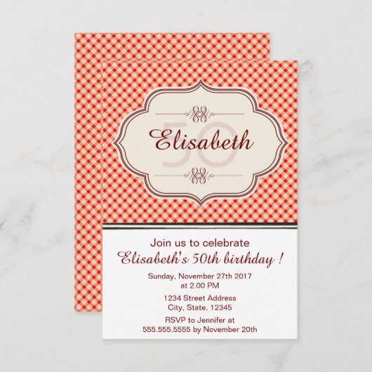 Rote Vintage Gingham-Kalligrafin Geburtstag Einladung (Vorne/Hinten)