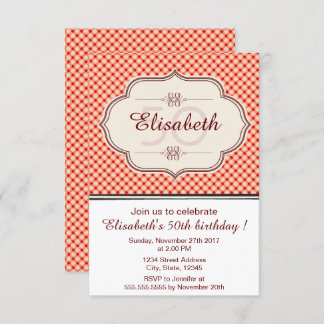 Rote Vintage Gingham-Kalligrafin Geburtstag Einladung