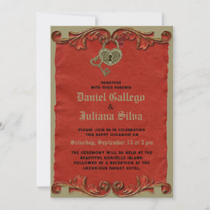 Rote Vintage-Gotik-Skelett-Schlüssel-Hochzeitseinl Einladung