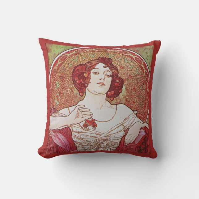 Rote Vintage Jugendstil Alphonse Mucha Ruby Lady Kissen (Vorderseite)