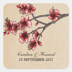 Rote Vintage-Kirschblüten-Hochzeitsaufkleber Quadratischer Aufkleber