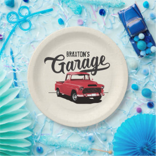 Rote Vintage-LKW-Geburtstagstischdecken aus Papier Pappteller