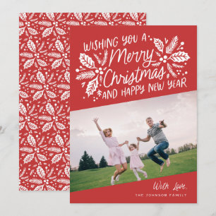 Rote Vintage-Stechpalmen-Typografie Weihnachtsfoto Feiertagskarte