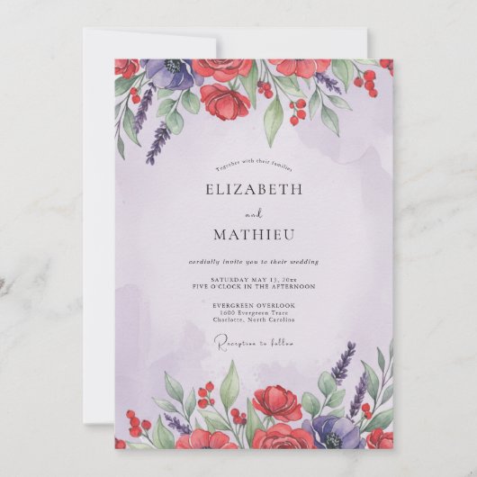 Rote Violette Mohn-Hochzeit Einladung (Vorderseite)