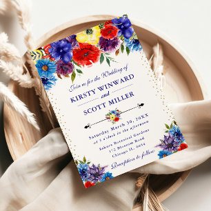 Rote, violette und blaue Sommerblumen-Hochzeit Einladung