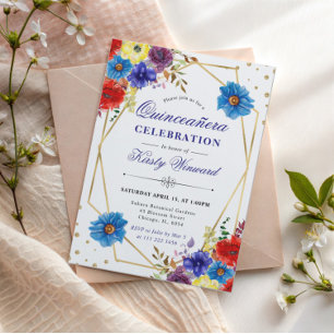 Rote, violette und blaue Sommerblumen Quinceanera Einladung