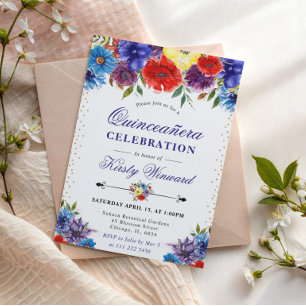Rote, violette und blaue Sommerblumen Quinceanera Einladung