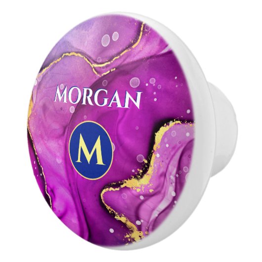 Rote Violette und Gold Liquid Tinte, Monogramm und Keramikknauf (Rechts)