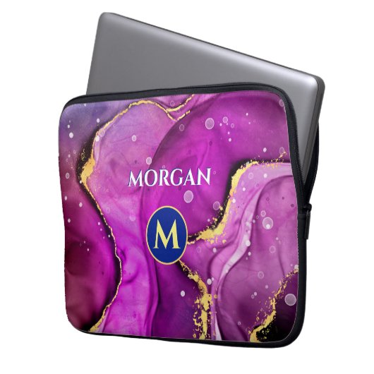 Rote Violette und Gold Liquid Tinte, Monogramm und Laptopschutzhülle (Vorderseite Links)