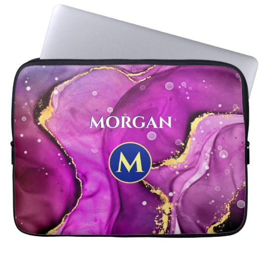 Rote Violette und Gold Liquid Tinte, Monogramm und Laptopschutzhülle (Vorderseite)