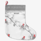 Rote Vögel Graue Zweige Muster Monogram Großer Weihnachtsstrumpf (Vorderseite)