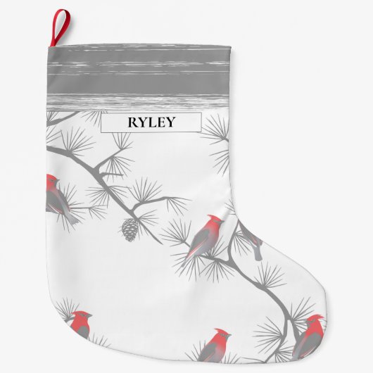 Rote Vögel Graue Zweige Muster Monogram Großer Weihnachtsstrumpf (Vorderseite)