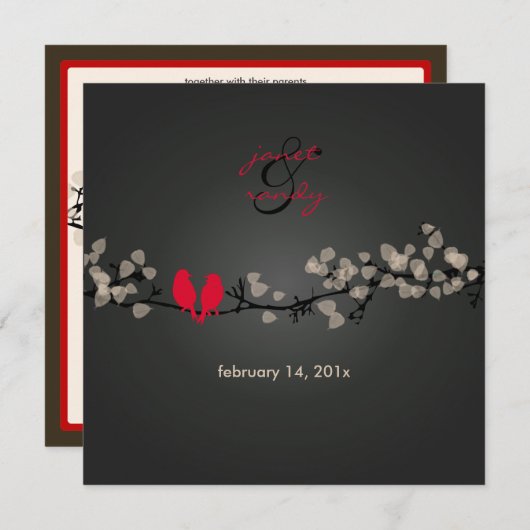 Rote Vögel, Liebesvögel/bunte Blüten Einladung (Vorne/Hinten)