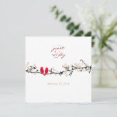 Rote Vögel, Liebesvögel/bunte Blüten Einladung (Stehend Vorderseite)