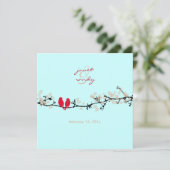 Rote Vögel, Liebesvögel/bunte Blüten Einladung (Stehend Vorderseite)