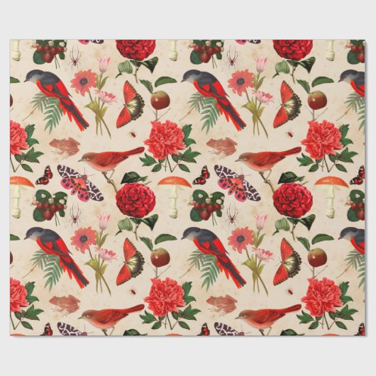 Rote Vögel Schmetterling und Pilz Geschenkpapier (Flach)