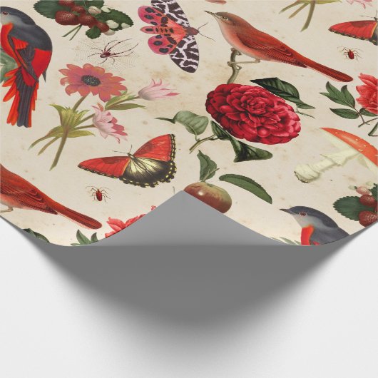 Rote Vögel Schmetterling und Pilz Geschenkpapier (Ecke)