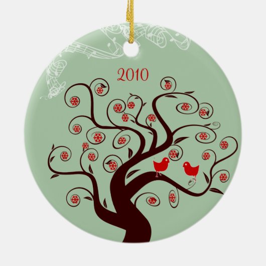 Rote Vögel Swirl Bäume Weihnachtsgeschmack Foto Keramikornament (Hinten)