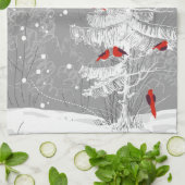 Rote Vögel, weiße Weihnachten Geschirrtuch (Gefaltet)
