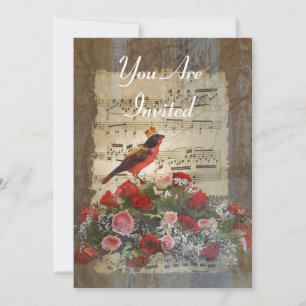 Rote Vogelcollage auf einem vintage Notenblatt Einladung