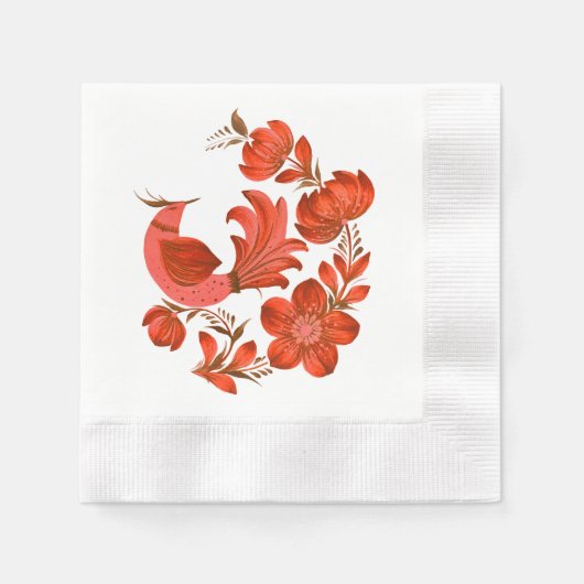 Rote Volkskunst Vogel & Blumen Serviette (Vorderseite)