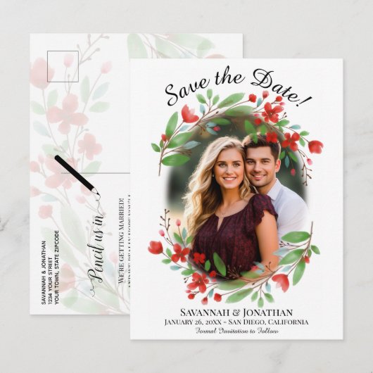 Rote Wasserfarbe Blumenzehen Speichern Sie das Fot Einladungspostkarte (Vorne/Hinten)