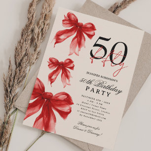 Rote Wasserfarbe Coquette-Schleife 50. Geburtstag  Einladung