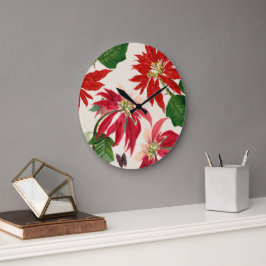 Rote Wasserfarbe Poinsettia Blumengrün Große Wanduhr
