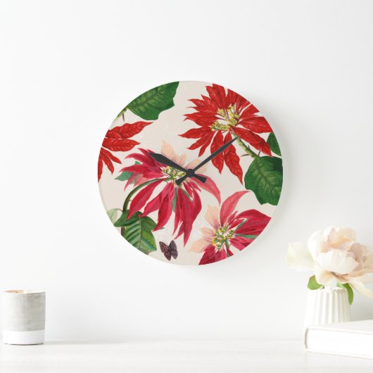Rote Wasserfarbe Poinsettia Blumengrün Große Wanduhr (Zuhause)