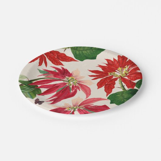 Rote Wasserfarbe Poinsettia Blumengrün Pappteller (Schrägansicht)